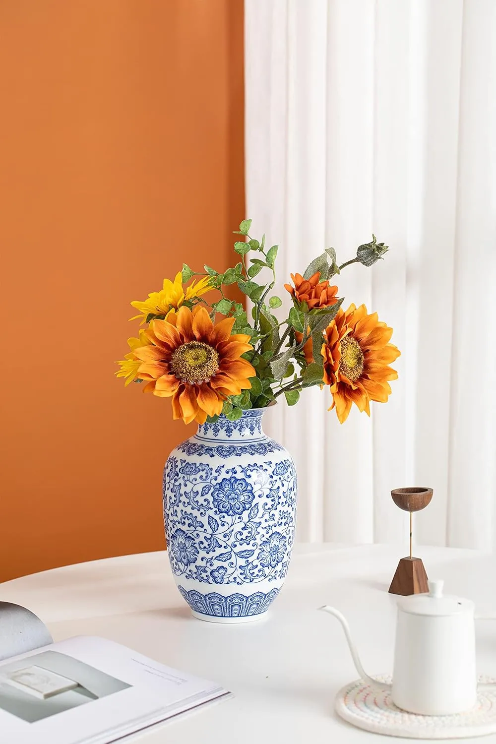 Blue and White Vase, Blue Vases Home Décor, Chinoiserie Vase, Blue and White Porcelain, Ceramic Vase for Home, Living Room, Bookshelf, Mantle Fireplace,Table Centerpieces,9"