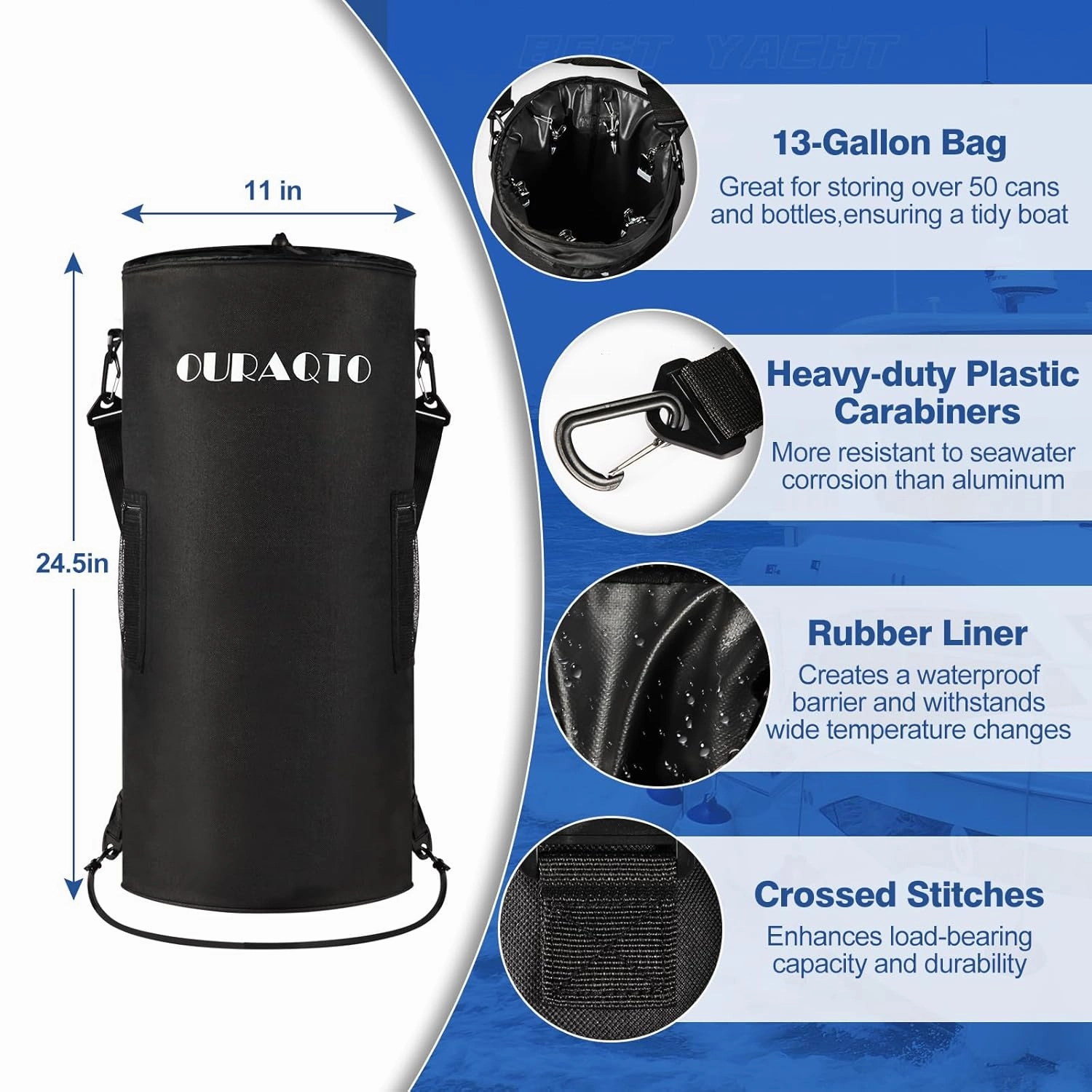 Boat Trash Can 2 Packs - 1200D 100% Odor & Leak Resistant Trash Bag With 6 Clips and 2 Side Pockets - Reusable Garbage Can for Pontoon Accessories - Compatible With 10-13 Gal Garbage