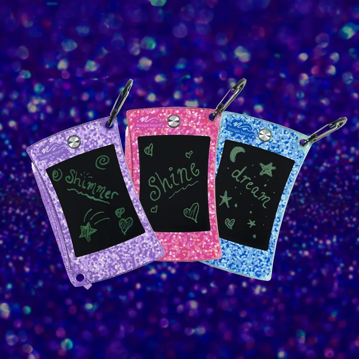 Boogie Board Jot Pocket Writing Tablet Doodle Board Kids Travel Essentials LCD Screen Instant Erase Stylus Pen Kickstand Drawing Pad Girls Boys Educational Toy Birthday Gift Shimmer Collection Purple