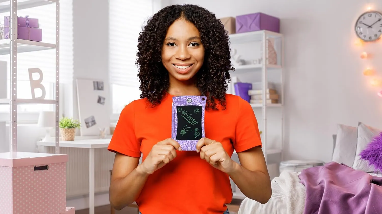Boogie Board Jot Pocket Writing Tablet Doodle Board Kids Travel Essentials LCD Screen Instant Erase Stylus Pen Kickstand Drawing Pad Girls Boys Educational Toy Birthday Gift Shimmer Collection Purple