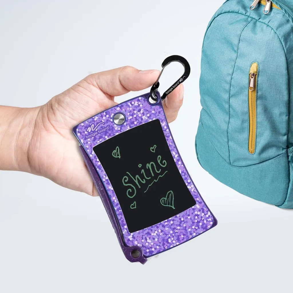 Boogie Board Jot Pocket Writing Tablet Doodle Board Kids Travel Essentials LCD Screen Instant Erase Stylus Pen Kickstand Drawing Pad Girls Boys Educational Toy Birthday Gift Shimmer Collection Purple