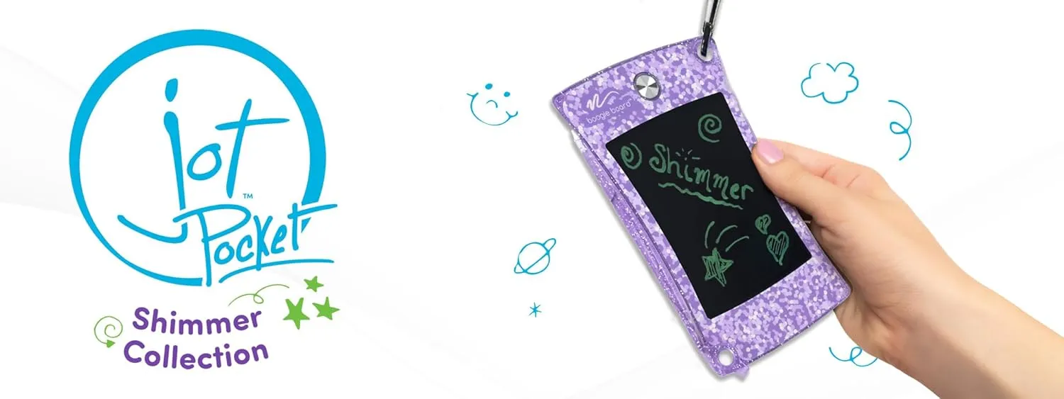 Boogie Board Jot Pocket Writing Tablet Doodle Board Kids Travel Essentials LCD Screen Instant Erase Stylus Pen Kickstand Drawing Pad Girls Boys Educational Toy Birthday Gift Shimmer Collection Purple