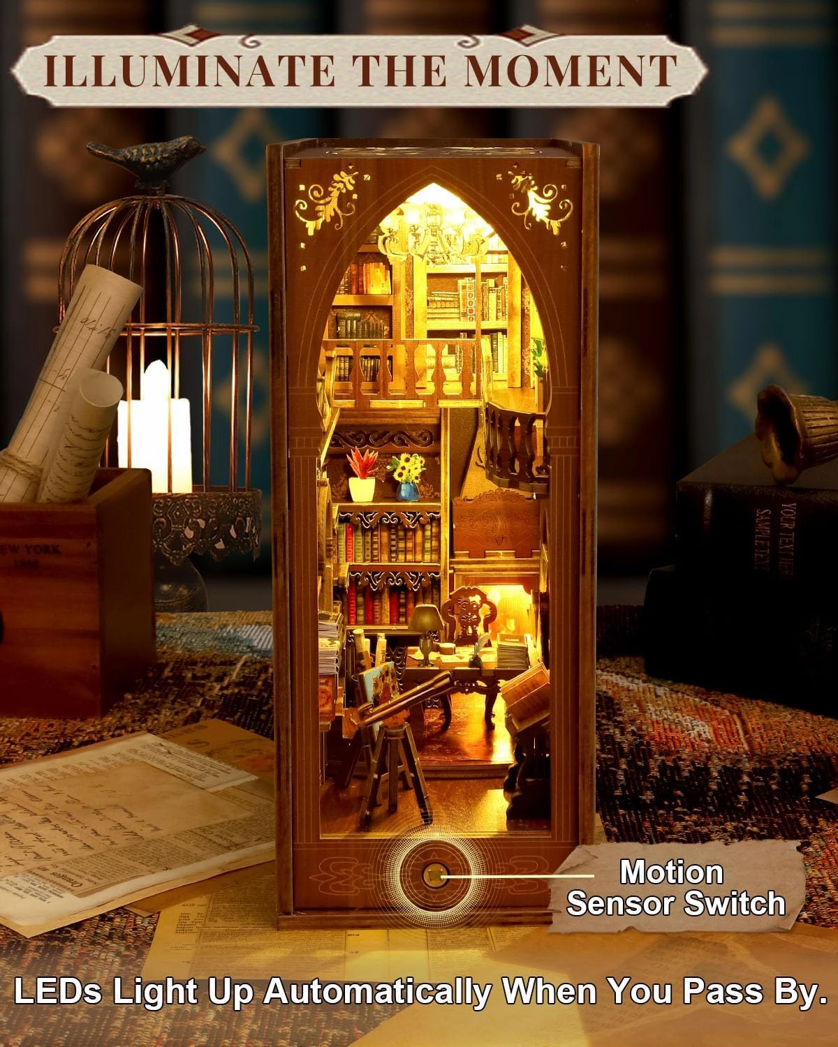 Book Nook Kit Library, DIY Booknooks Kit for Adults Teens with Sensor Lights, Bookshelf Diorama Miniature Scenes Insert Decor Decorative Bookends (Library of Books)