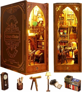 Book Nook Kit Library, DIY Booknooks Kit for Adults Teens with Sensor Lights, Bookshelf Diorama Miniature Scenes Insert Decor Decorative Bookends (Library of Books)