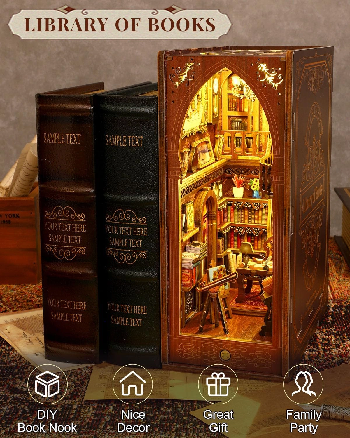 Book Nook Kit Library, DIY Booknooks Kit for Adults Teens with Sensor Lights, Bookshelf Diorama Miniature Scenes Insert Decor Decorative Bookends (Library of Books)