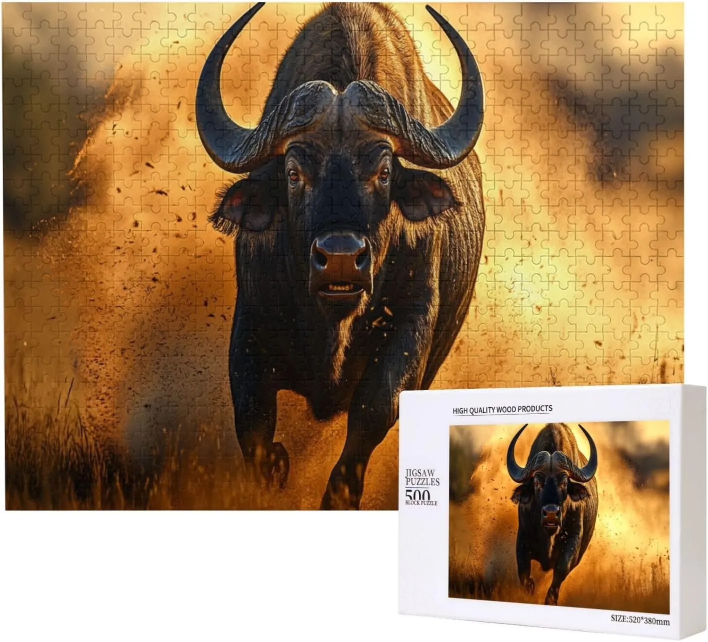 Buffalo Chasing On Grassland at Dusk, 500-Piece Wooden Puzzles for Adults,Wonderful Imagination，High-Difficulty Family Entertainment Game, Ideal for Exercising Hands-On Skills