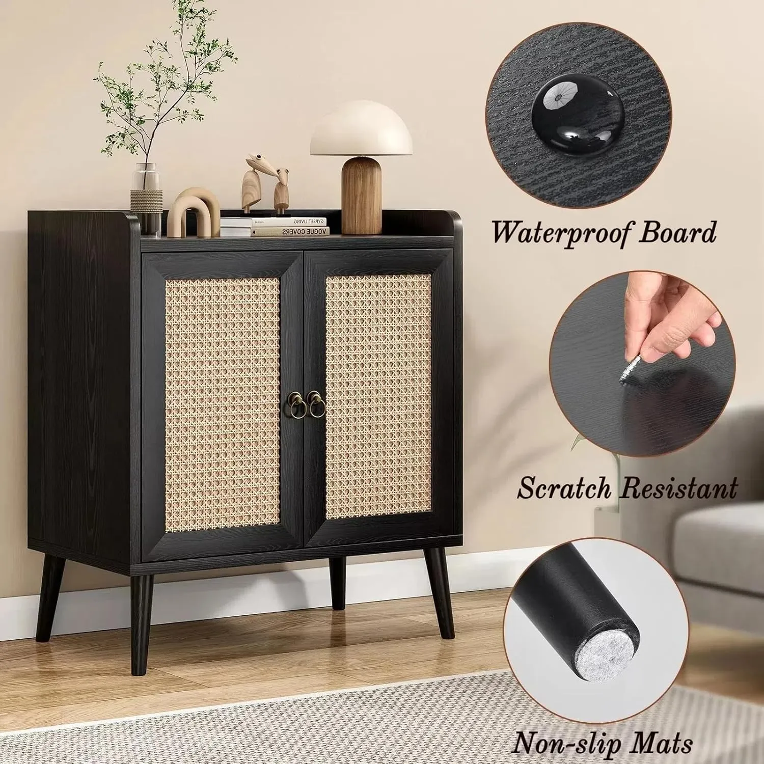 Buffet Cabinet, Storage Cabinet with Round Pull Rings, Sideboard with Ample Storage, Bar Liquor Shelf with 2 Doors for Living Room, Hallway, Black