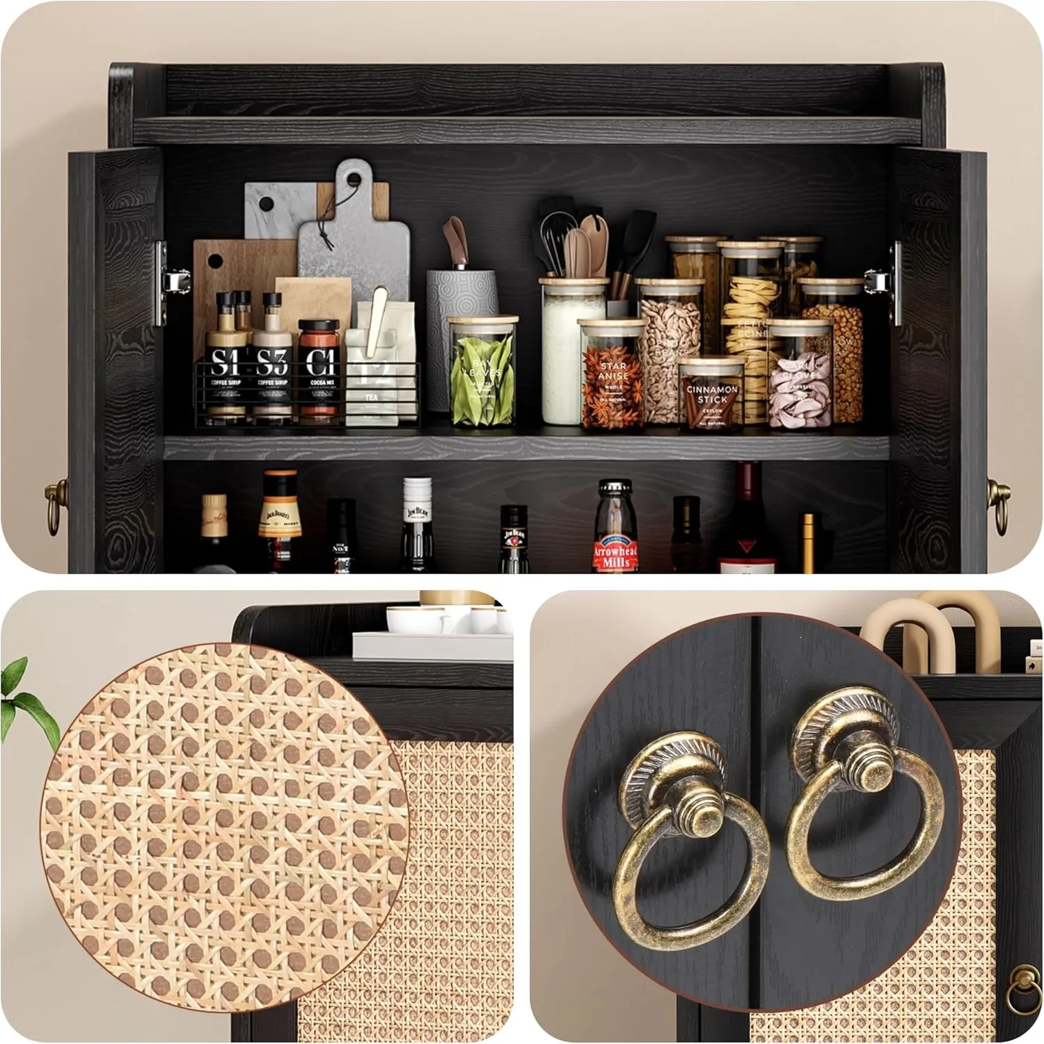 Buffet Cabinet, Storage Cabinet with Round Pull Rings, Sideboard with Ample Storage, Bar Liquor Shelf with 2 Doors for Living Room, Hallway, Black