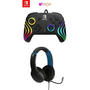 Bundle of PDP Afterglow Wave Wired Nintendo Switch Pro Controller, Programmable Gaming Buttons and LED, Officially Licensed by Nintendo (Black)   AIRLITE Wired Stereo Headset (Moonlight Black/Blue)