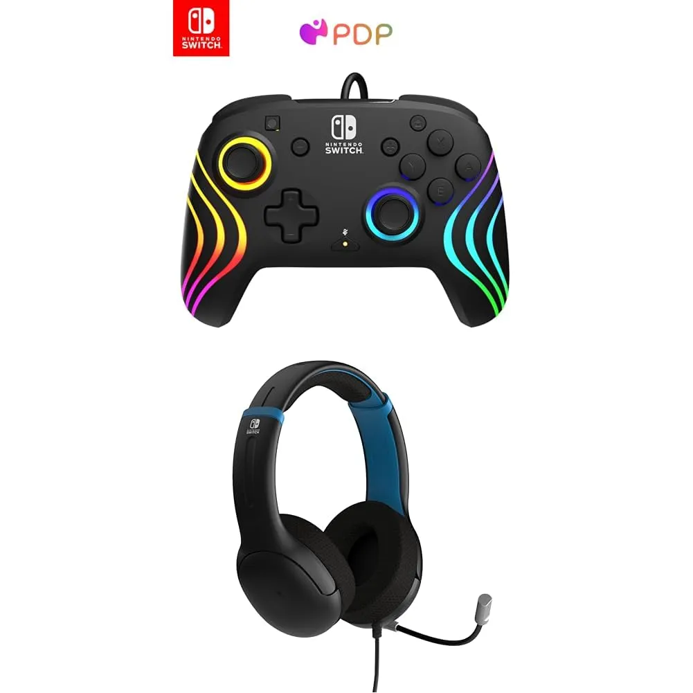 Bundle of PDP Afterglow Wave Wired Nintendo Switch Pro Controller, Programmable Gaming Buttons and LED, Officially Licensed by Nintendo (Black)   AIRLITE Wired Stereo Headset (Moonlight Black/Blue)