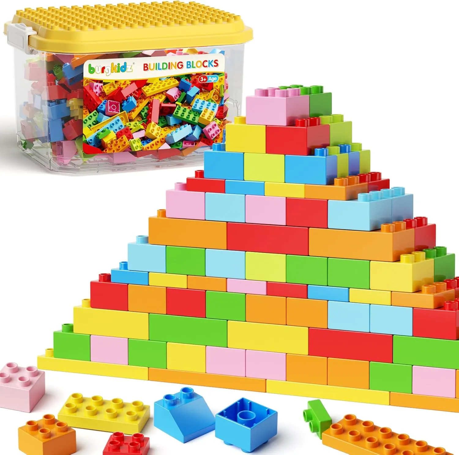 burgkidz 150PCS Jumbo Building Blocks with Clear Storage Box & Baseplate Lid - STEM Educational Toys for Toddlers 3  Years, Compatible with Major Building Systems