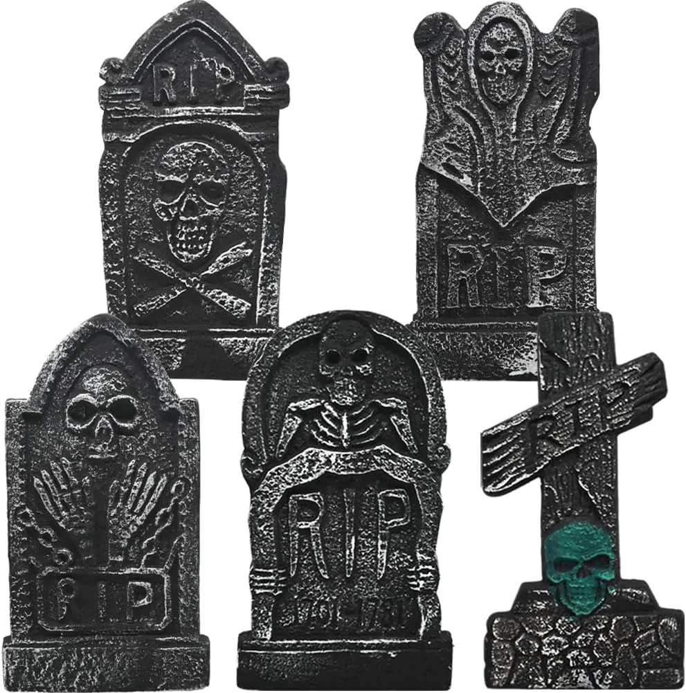 CAMIRUS 17" Halloween Foam Tombstones, 5 Pack RIP Graveyard Headstone Decor With 10 Bonus Metal Stakes for Yard Garden Lawn Patio Outdoor Decorations