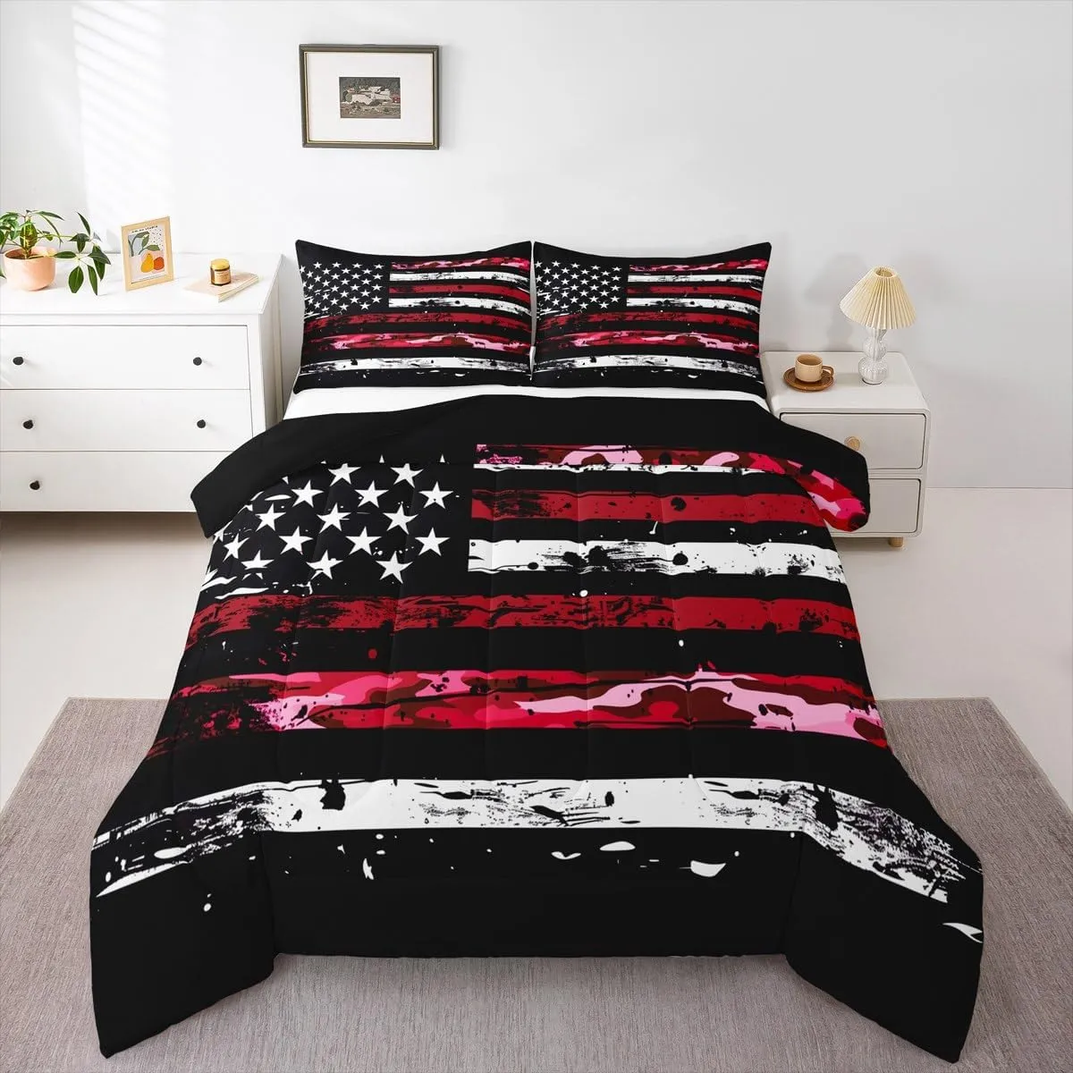 Castle Fairy American Flag Bedding Set Twin Size Camouflage Graffiti Style Comforter for Adults Teens Army Red Camo Down Comforter Geometric Stripes Duvet Insert with 1 Pillowcase