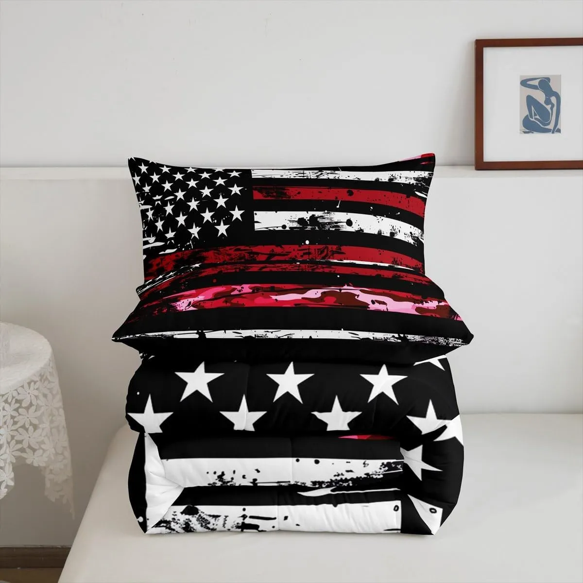 Castle Fairy American Flag Bedding Set Twin Size Camouflage Graffiti Style Comforter for Adults Teens Army Red Camo Down Comforter Geometric Stripes Duvet Insert with 1 Pillowcase