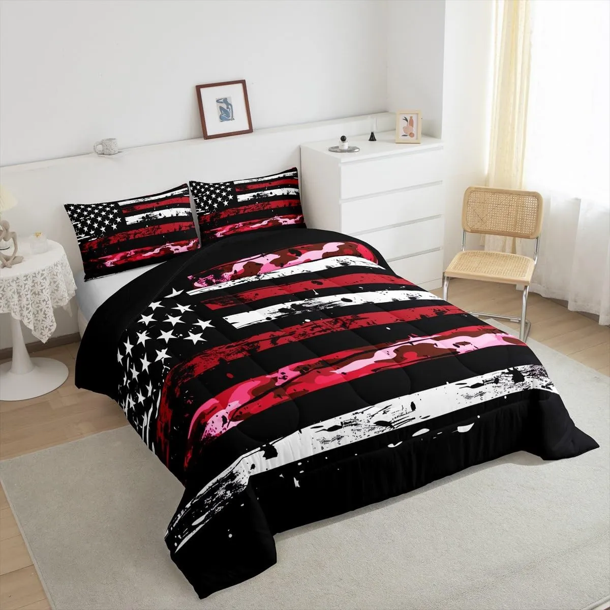 Castle Fairy American Flag Bedding Set Twin Size Camouflage Graffiti Style Comforter for Adults Teens Army Red Camo Down Comforter Geometric Stripes Duvet Insert with 1 Pillowcase