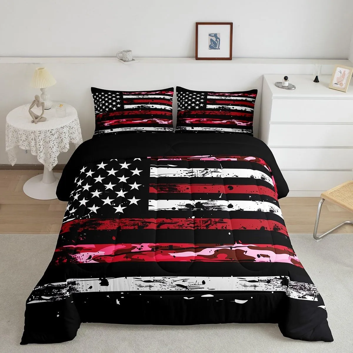 Castle Fairy American Flag Bedding Set Twin Size Camouflage Graffiti Style Comforter for Adults Teens Army Red Camo Down Comforter Geometric Stripes Duvet Insert with 1 Pillowcase