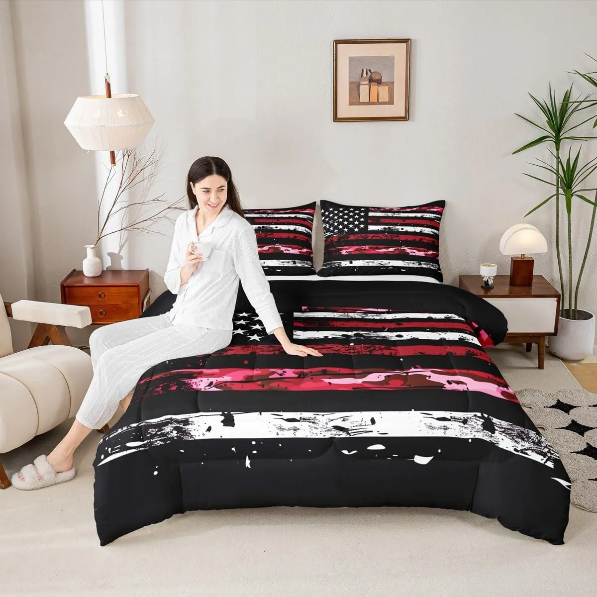 Castle Fairy American Flag Bedding Set Twin Size Camouflage Graffiti Style Comforter for Adults Teens Army Red Camo Down Comforter Geometric Stripes Duvet Insert with 1 Pillowcase
