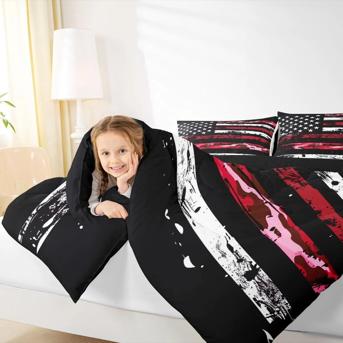 Castle Fairy American Flag Bedding Set Twin Size Camouflage Graffiti Style Comforter for Adults Teens Army Red Camo Down Comforter Geometric Stripes Duvet Insert with 1 Pillowcase