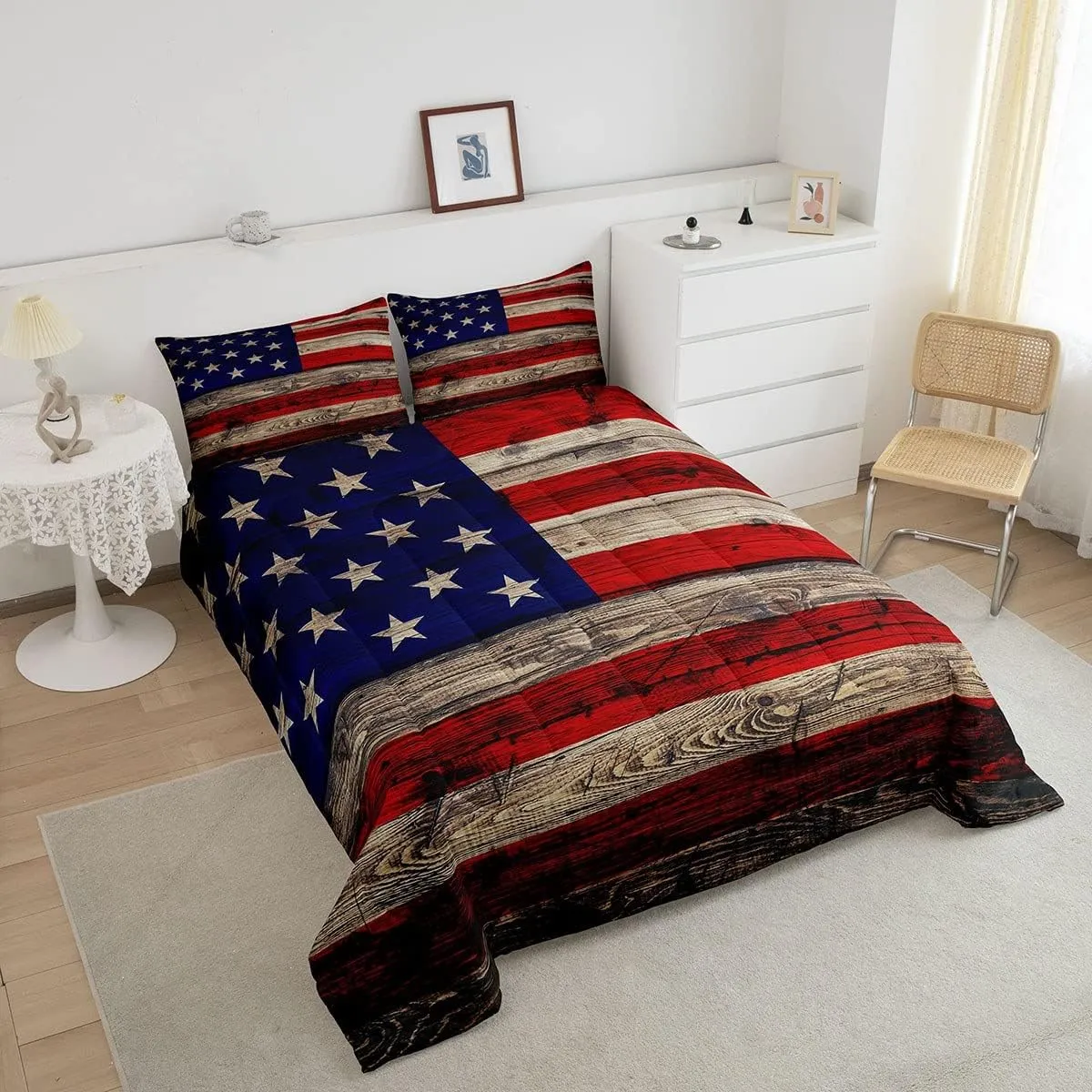 Castle Fairy American Flag Comforter Set Twin Size for Kids Boys, Wooden Planks Painted as USA Flag Patriotic Country Style, Room Decorative Quilt Set with 1 Pillow Sham, Ultra Soft