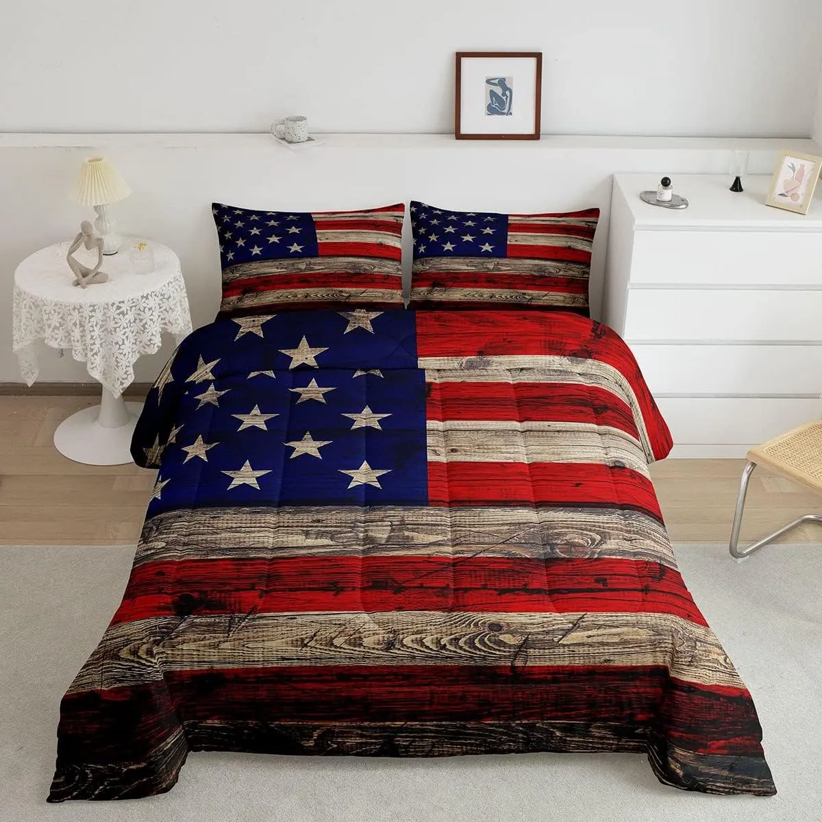 Castle Fairy American Flag Comforter Set Twin Size for Kids Boys, Wooden Planks Painted as USA Flag Patriotic Country Style, Room Decorative Quilt Set with 1 Pillow Sham, Ultra Soft