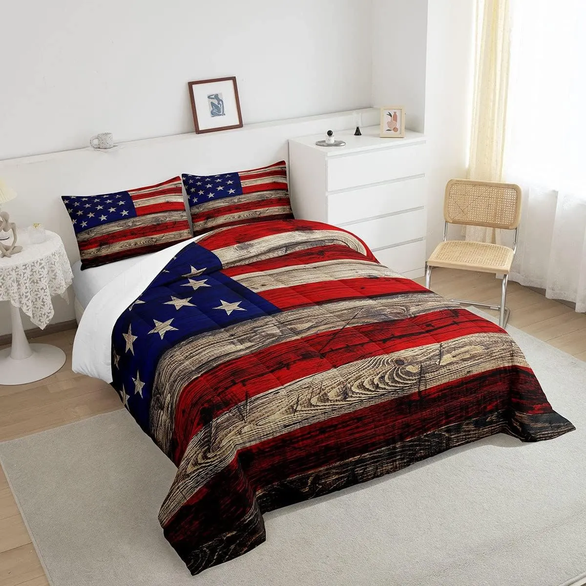 Castle Fairy American Flag Comforter Set Twin Size for Kids Boys, Wooden Planks Painted as USA Flag Patriotic Country Style, Room Decorative Quilt Set with 1 Pillow Sham, Ultra Soft