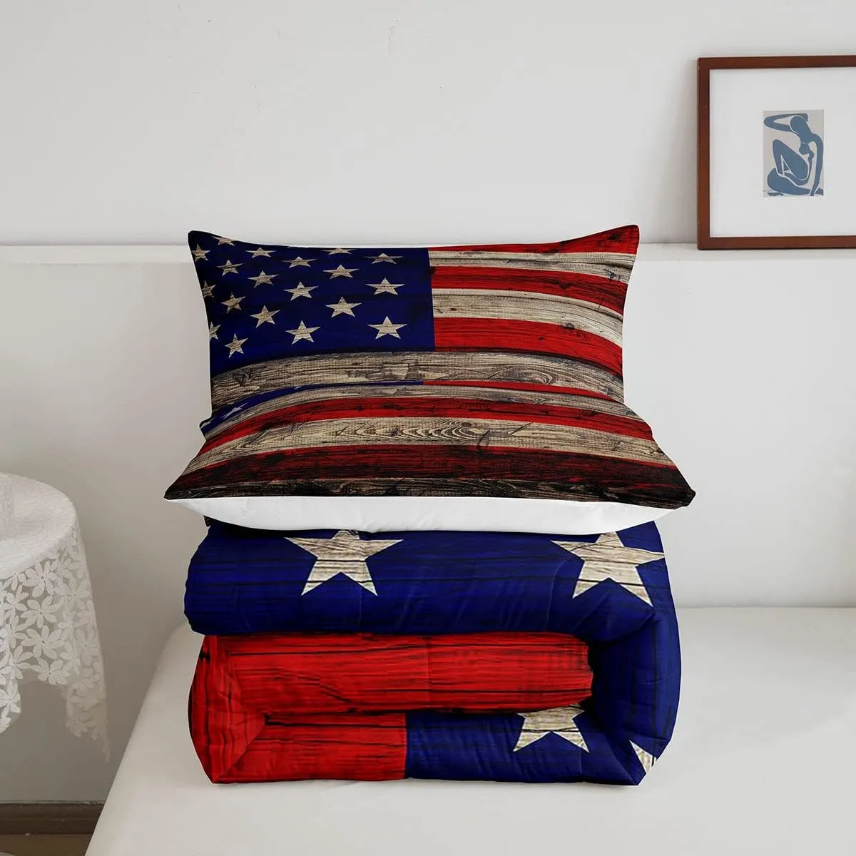 Castle Fairy American Flag Comforter Set Twin Size for Kids Boys, Wooden Planks Painted as USA Flag Patriotic Country Style, Room Decorative Quilt Set with 1 Pillow Sham, Ultra Soft
