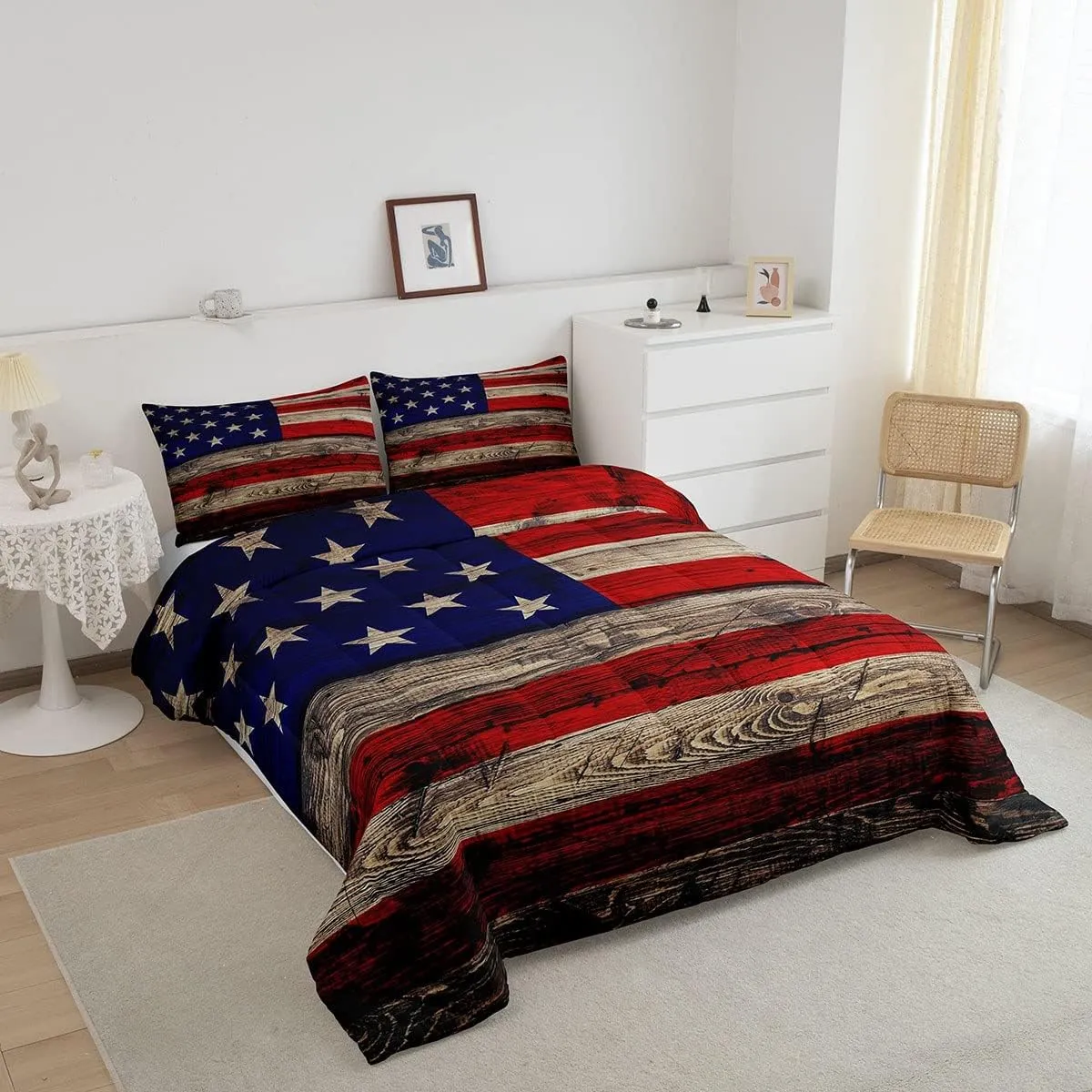 Castle Fairy American Flag Comforter Set Twin Size for Kids Boys, Wooden Planks Painted as USA Flag Patriotic Country Style, Room Decorative Quilt Set with 1 Pillow Sham, Ultra Soft