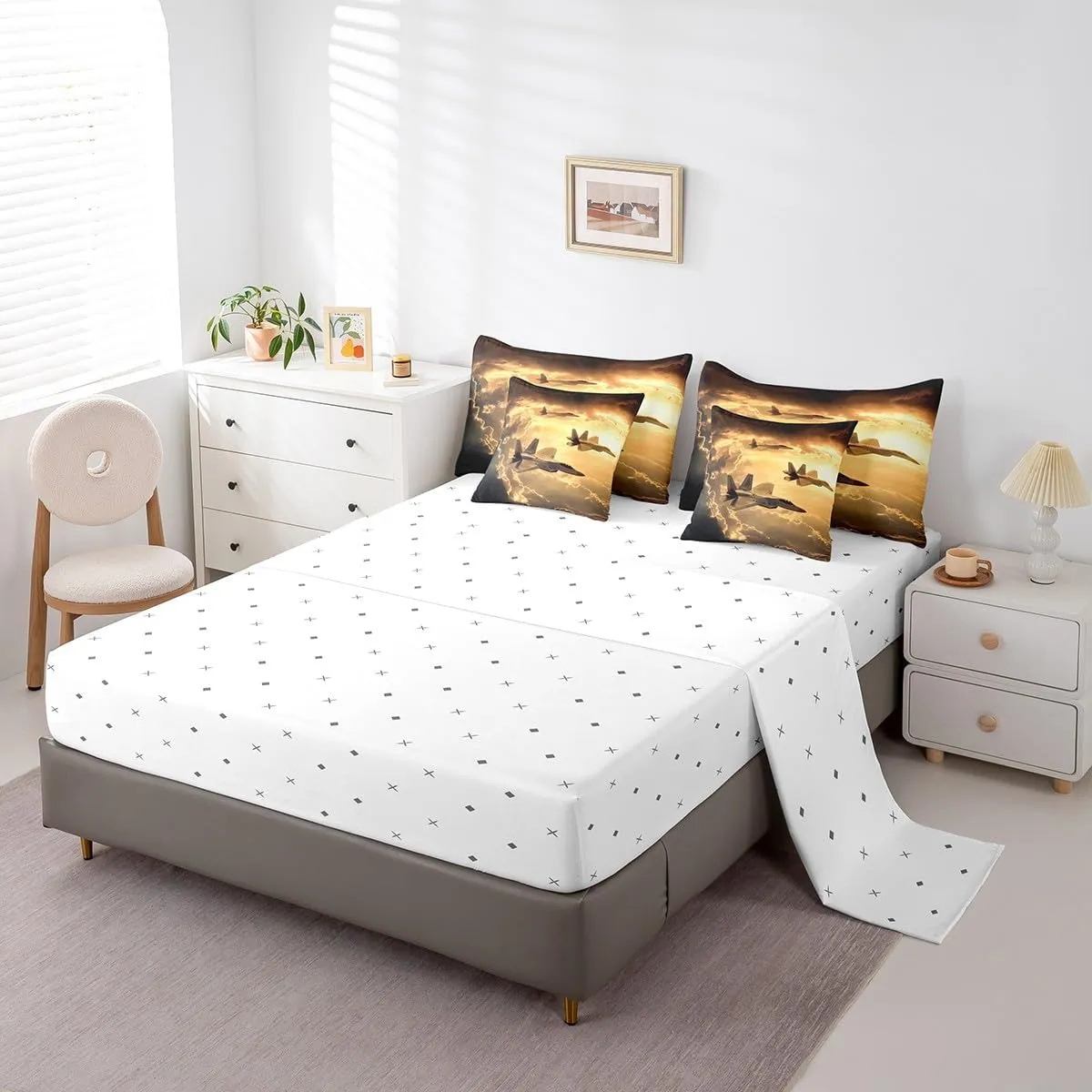 Castle Fairy Army Aircraft Comforter Set for Room Decor,Modern Flying Airplane Bedding Set Queen Size 7 Pcs,3D Fighter Plane Bed in a Bag with Comforter, Sheets, Pillowcases & Cushion Cover