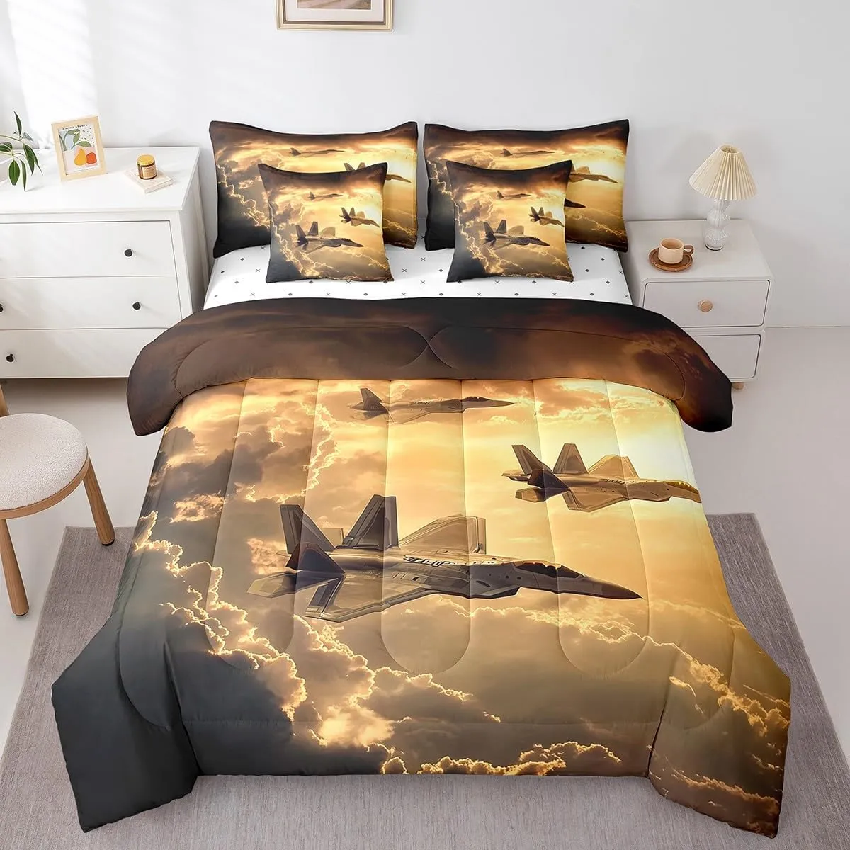 Castle Fairy Army Aircraft Comforter Set for Room Decor,Modern Flying Airplane Bedding Set Queen Size 7 Pcs,3D Fighter Plane Bed in a Bag with Comforter, Sheets, Pillowcases & Cushion Cover