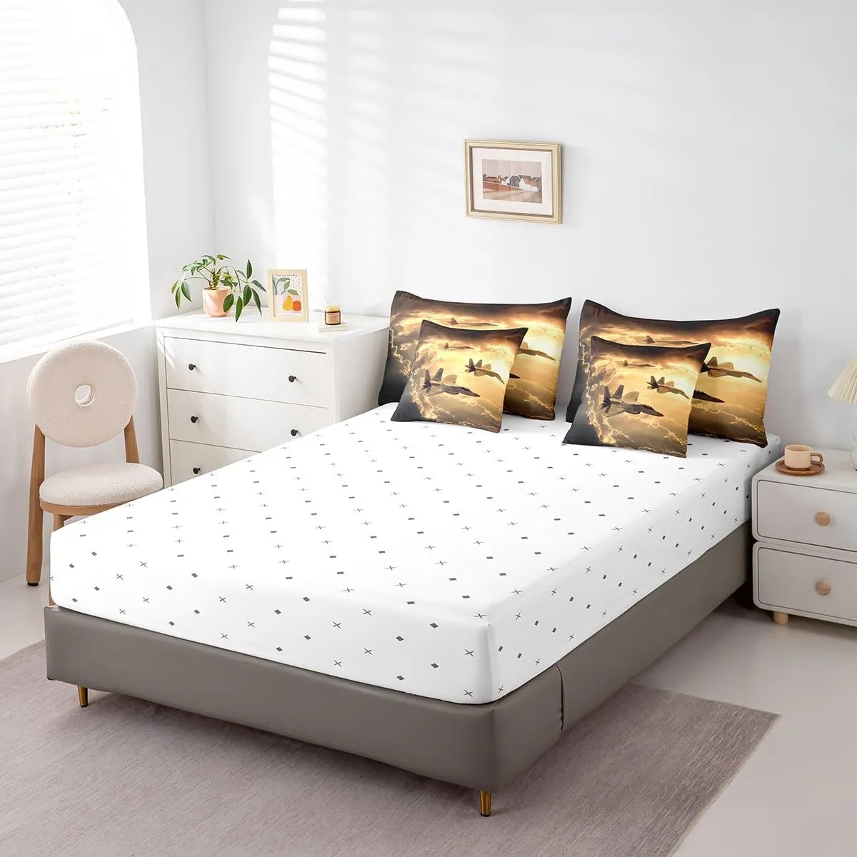 Castle Fairy Army Aircraft Comforter Set for Room Decor,Modern Flying Airplane Bedding Set Queen Size 7 Pcs,3D Fighter Plane Bed in a Bag with Comforter, Sheets, Pillowcases & Cushion Cover