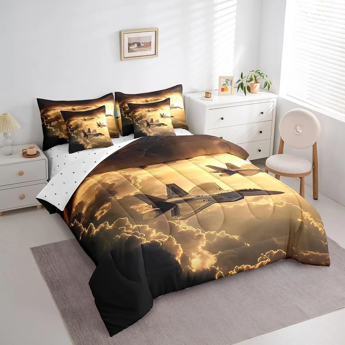Castle Fairy Army Aircraft Comforter Set for Room Decor,Modern Flying Airplane Bedding Set Queen Size 7 Pcs,3D Fighter Plane Bed in a Bag with Comforter, Sheets, Pillowcases & Cushion Cover
