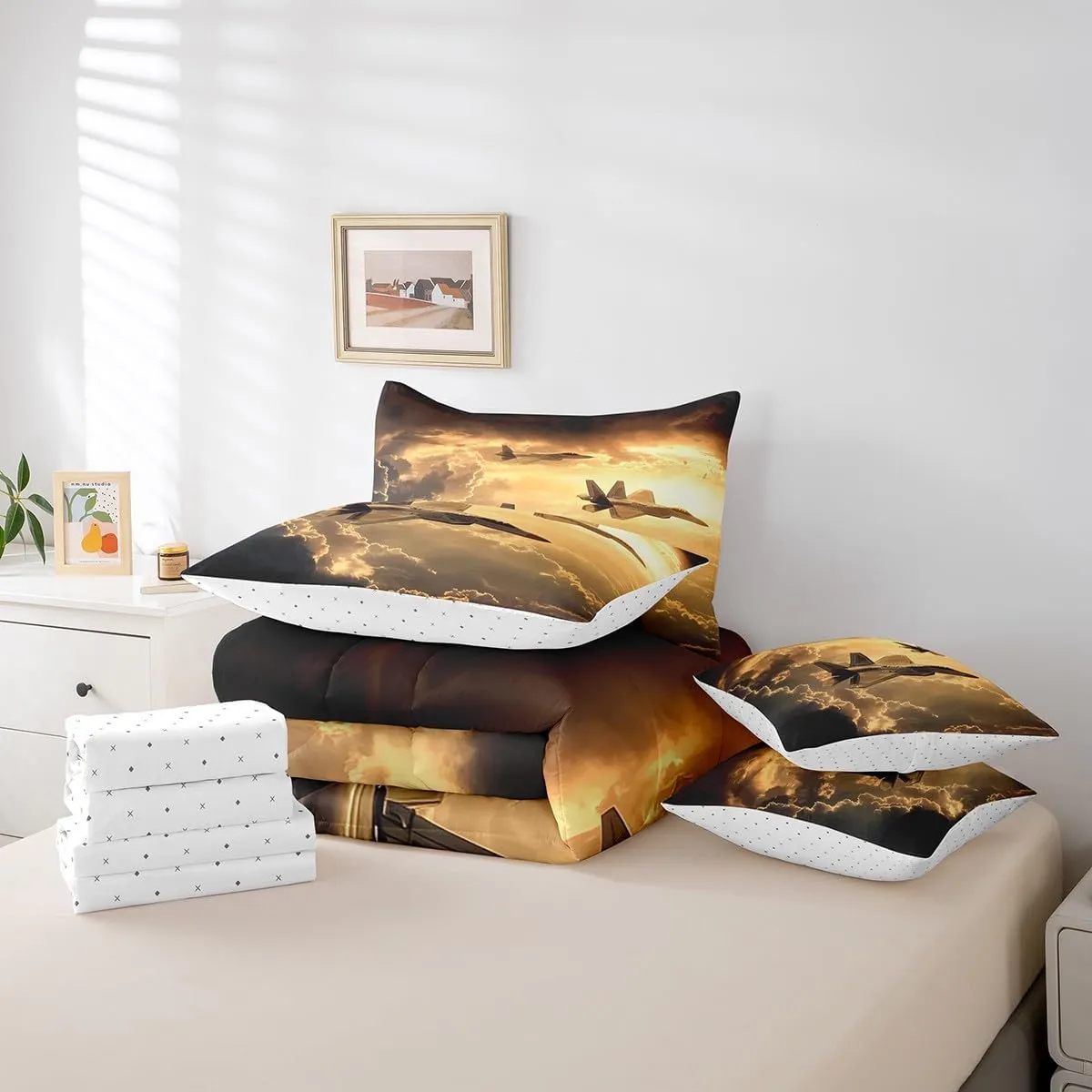 Castle Fairy Army Aircraft Comforter Set for Room Decor,Modern Flying Airplane Bedding Set Queen Size 7 Pcs,3D Fighter Plane Bed in a Bag with Comforter, Sheets, Pillowcases & Cushion Cover