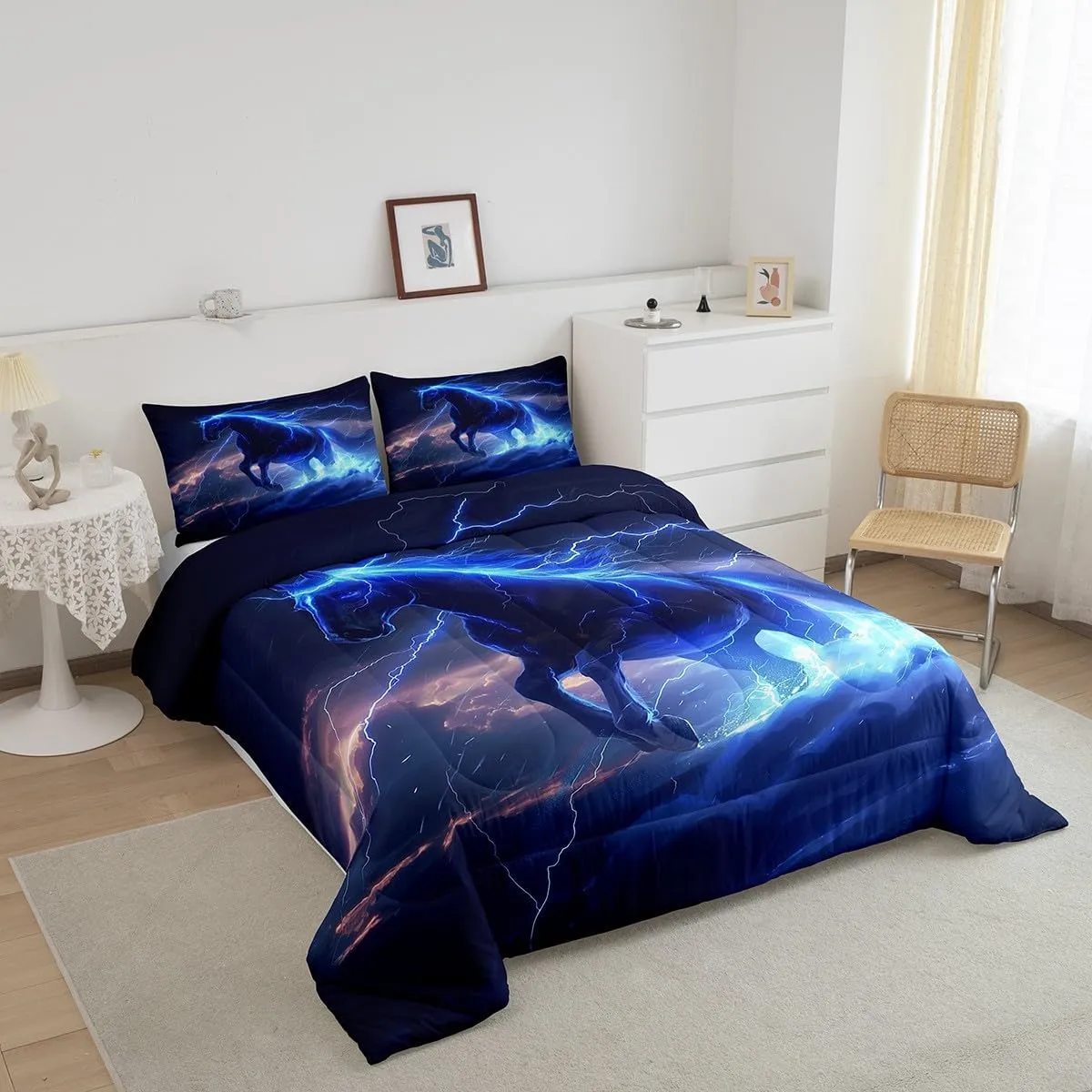 Castle Fairy Horse Comforter Set,Lightning Bedding Set for Kids Girls Women,Adults Galloping Horse Comforter,Black Horse Quilted Duvet Set Bedroom Collection Twin Size 2Pcs, Blue