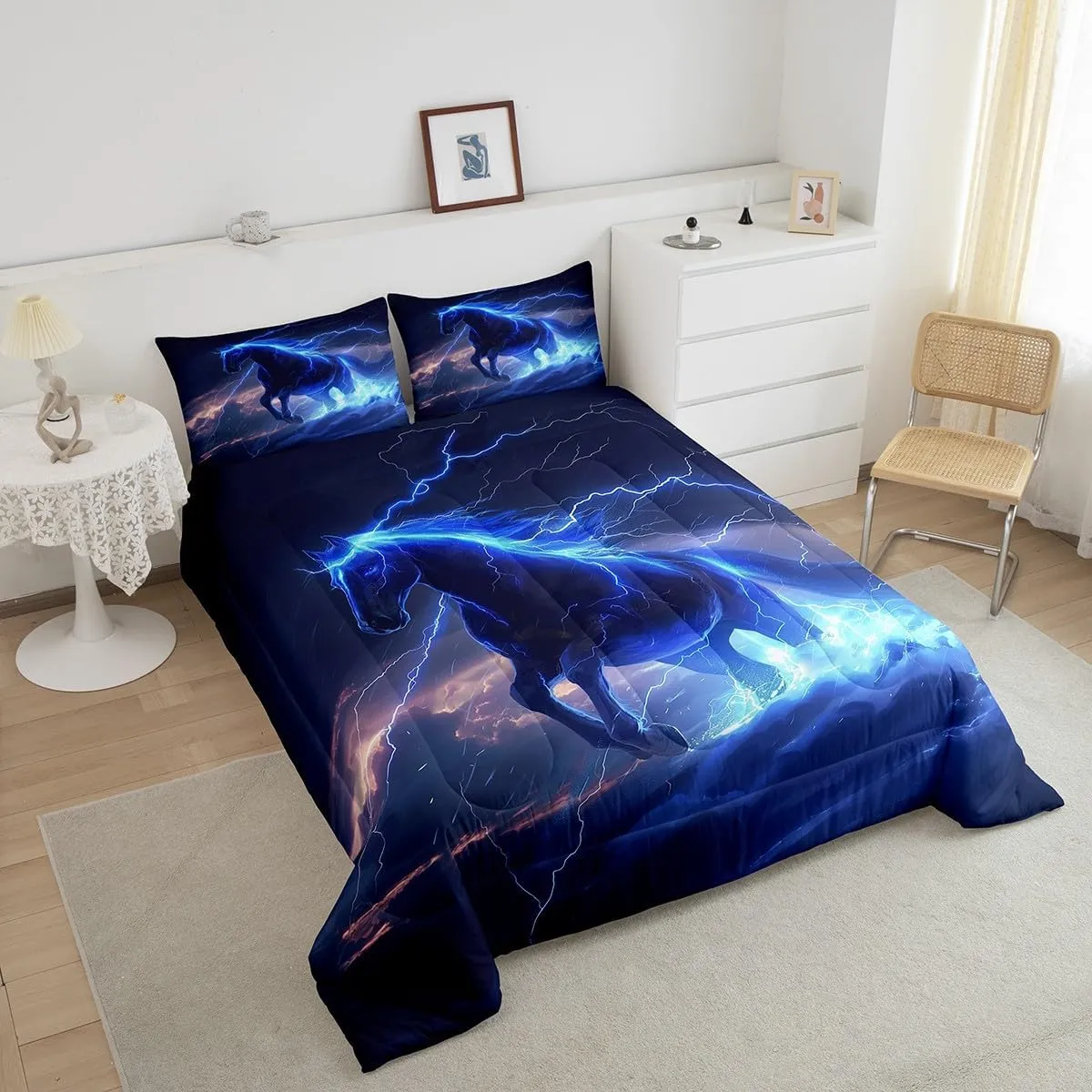 Castle Fairy Horse Comforter Set,Lightning Bedding Set for Kids Girls Women,Adults Galloping Horse Comforter,Black Horse Quilted Duvet Set Bedroom Collection Twin Size 2Pcs, Blue