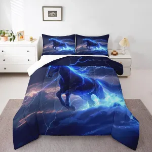 Castle Fairy Horse Comforter Set,Lightning Bedding Set for Kids Girls Women,Adults Galloping Horse Comforter,Black Horse Quilted Duvet Set Bedroom Collection Twin Size 2Pcs, Blue