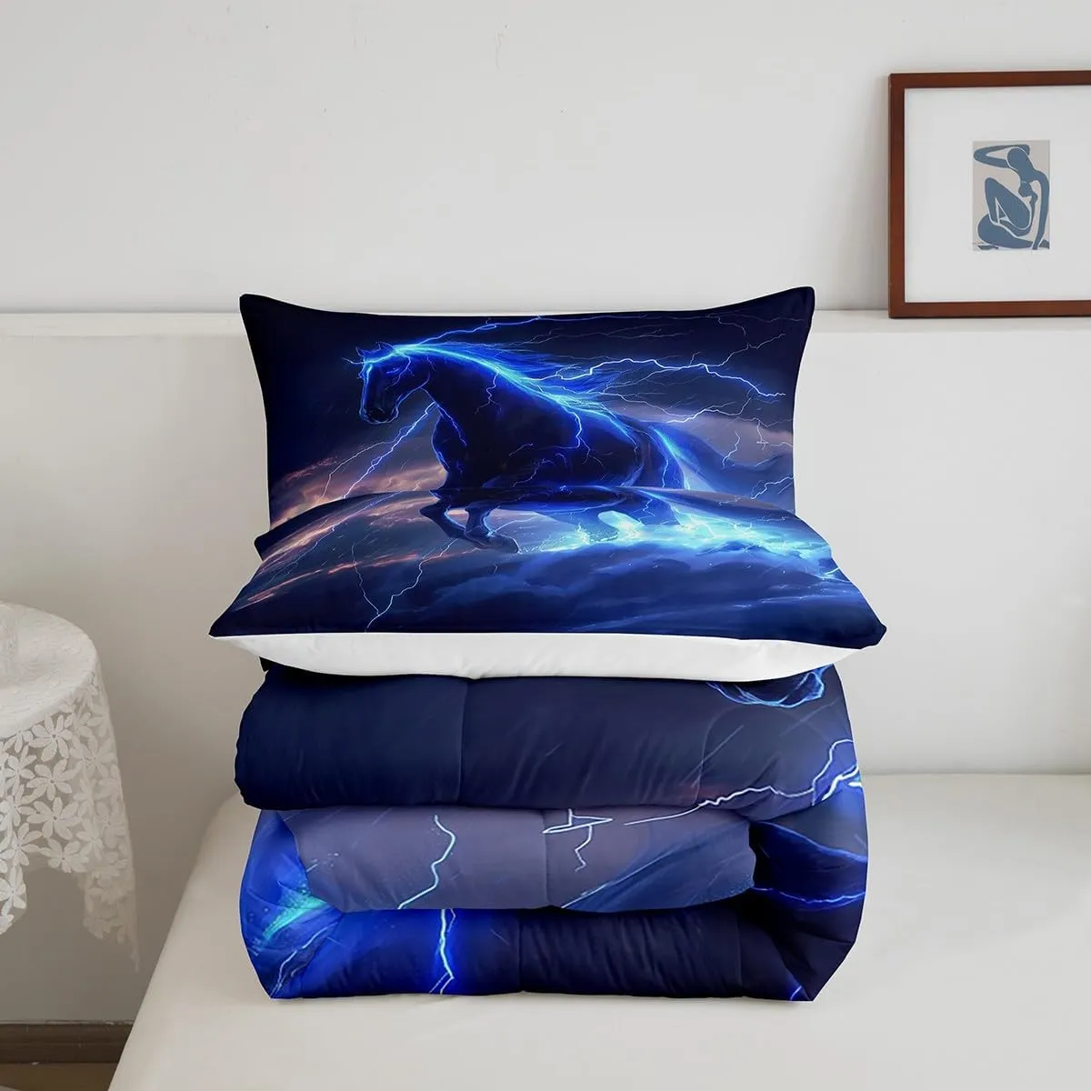 Castle Fairy Horse Comforter Set,Lightning Bedding Set for Kids Girls Women,Adults Galloping Horse Comforter,Black Horse Quilted Duvet Set Bedroom Collection Twin Size 2Pcs, Blue