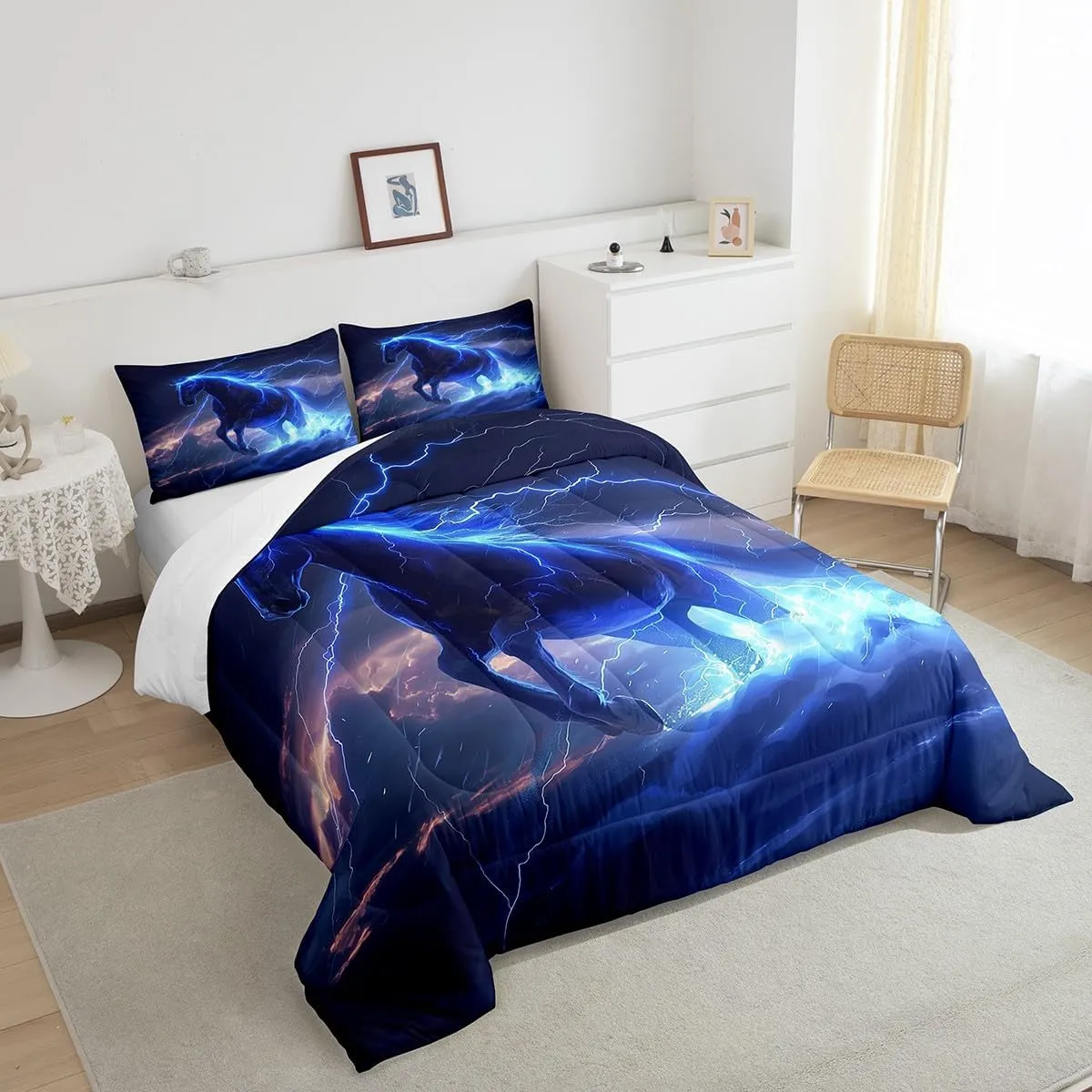 Castle Fairy Horse Comforter Set,Lightning Bedding Set for Kids Girls Women,Adults Galloping Horse Comforter,Black Horse Quilted Duvet Set Bedroom Collection Twin Size 2Pcs, Blue