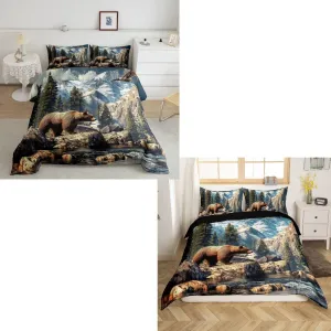 Castle Fairy Hunting Bear Animal Comforter Set and Duvet Cover King Size Mountain Landscape Bedding Set for Kids Teens Wildlife Bedroom Decor