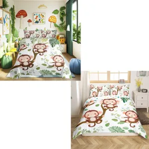 Castle Fairy Kawaii Monkey Comforter Set and Duvet Cover Queen Size Tropical Leaves Animal Bedding Set Kids Boys Girls Room Decor