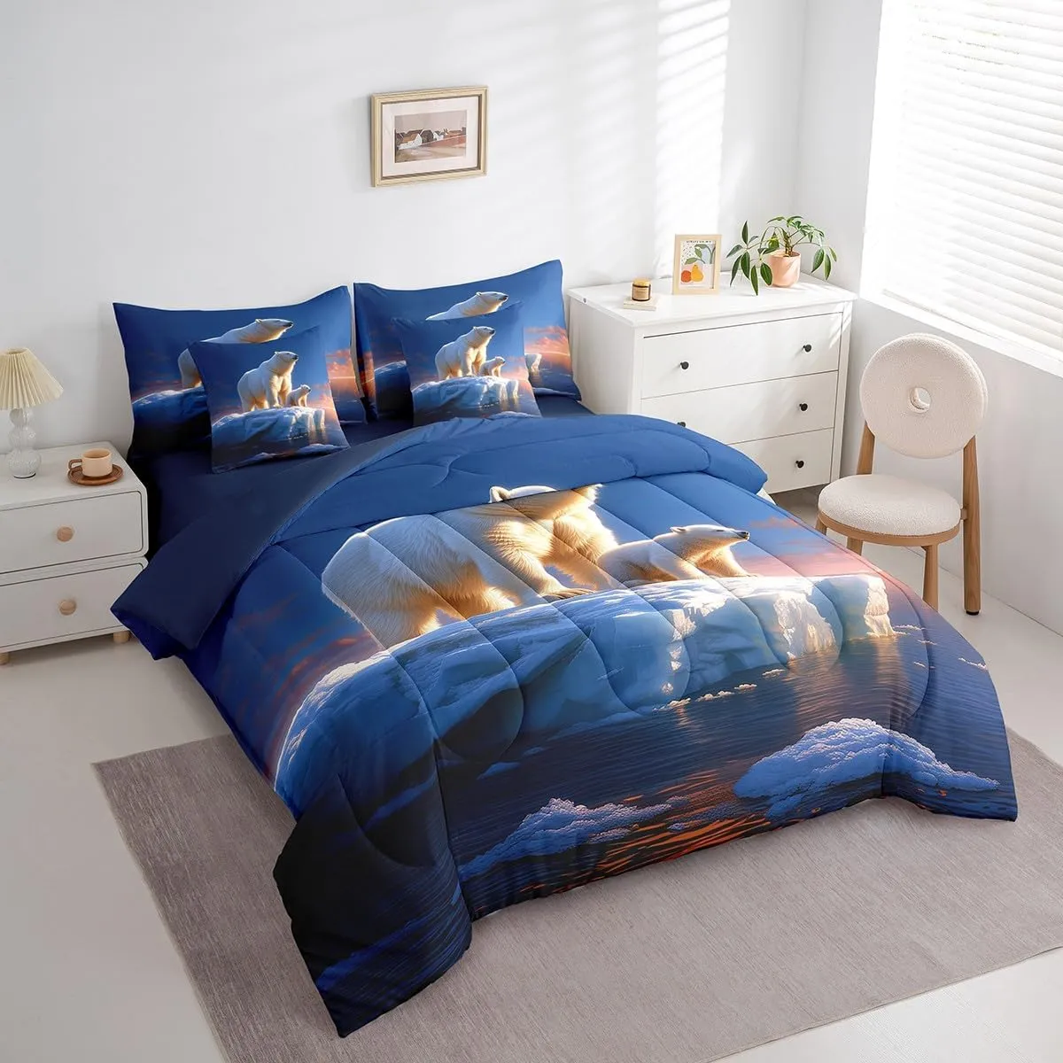 Castle Fairy Wildlife 7 Pcs Comforter Set Full Size Bed in a Bag,Polar Bear Ice Animals Bed Set Room Decor,3D Glacier Landscape Bedding Sets with Comforter,Flat,Fitted Sheet,Pillowcases,Pillow Covers