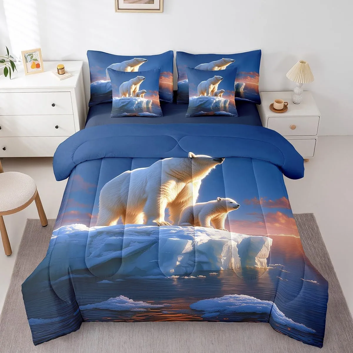Castle Fairy Wildlife 7 Pcs Comforter Set Full Size Bed in a Bag,Polar Bear Ice Animals Bed Set Room Decor,3D Glacier Landscape Bedding Sets with Comforter,Flat,Fitted Sheet,Pillowcases,Pillow Covers