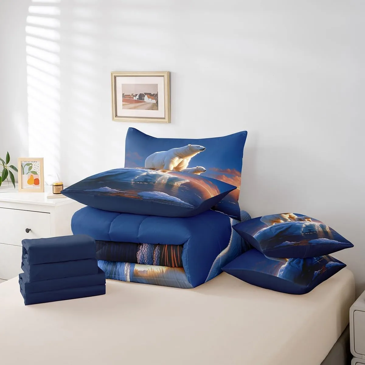 Castle Fairy Wildlife 7 Pcs Comforter Set Full Size Bed in a Bag,Polar Bear Ice Animals Bed Set Room Decor,3D Glacier Landscape Bedding Sets with Comforter,Flat,Fitted Sheet,Pillowcases,Pillow Covers