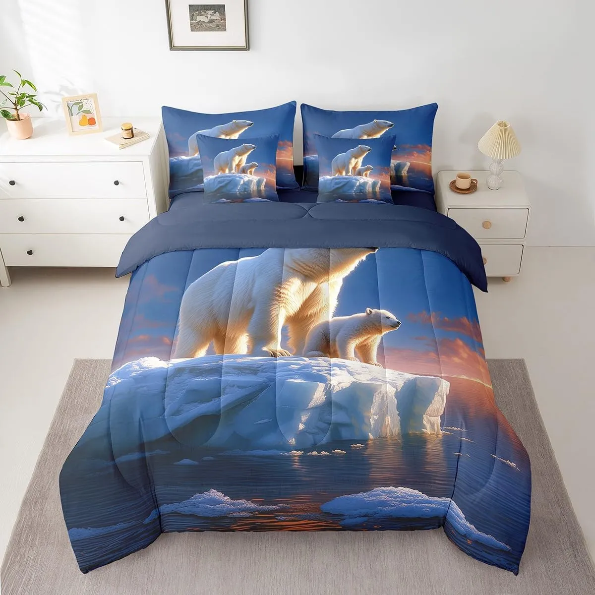 Castle Fairy Wildlife 7 Pcs Comforter Set Full Size Bed in a Bag,Polar Bear Ice Animals Bed Set Room Decor,3D Glacier Landscape Bedding Sets with Comforter,Flat,Fitted Sheet,Pillowcases,Pillow Covers
