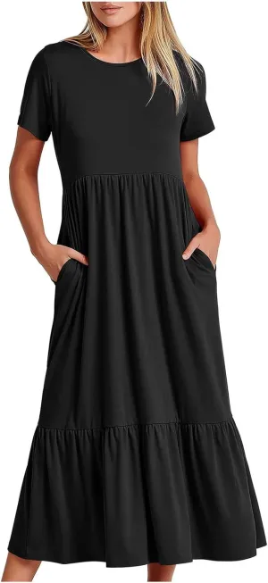Ceboyel Women's Short Sleeve Ruffle Midi Dress Tiered Trendy Casual Dresses Swing Plain T Shirt Dress Spring Outfits 2023