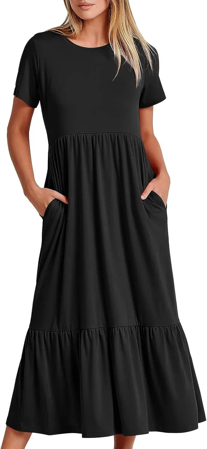 Ceboyel Women's Short Sleeve Ruffle Midi Dress Tiered Trendy Casual Dresses Swing Plain T Shirt Dress Spring Outfits 2023