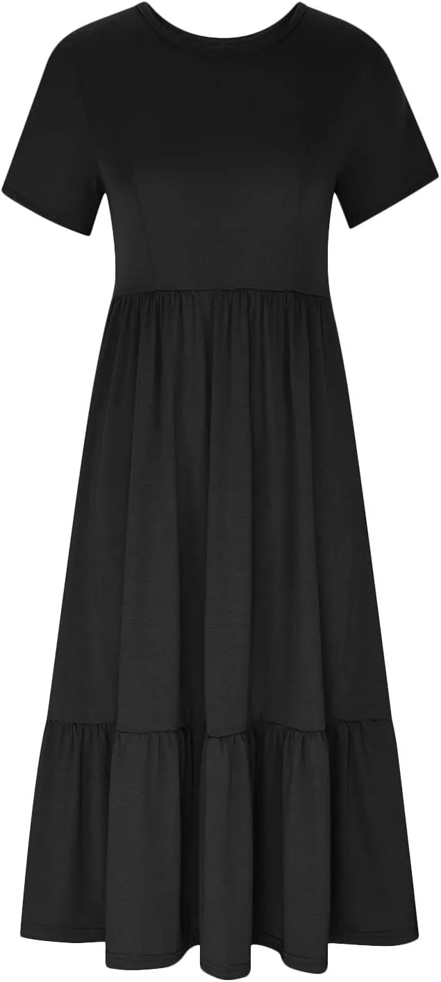 Ceboyel Women's Short Sleeve Ruffle Midi Dress Tiered Trendy Casual Dresses Swing Plain T Shirt Dress Spring Outfits 2023