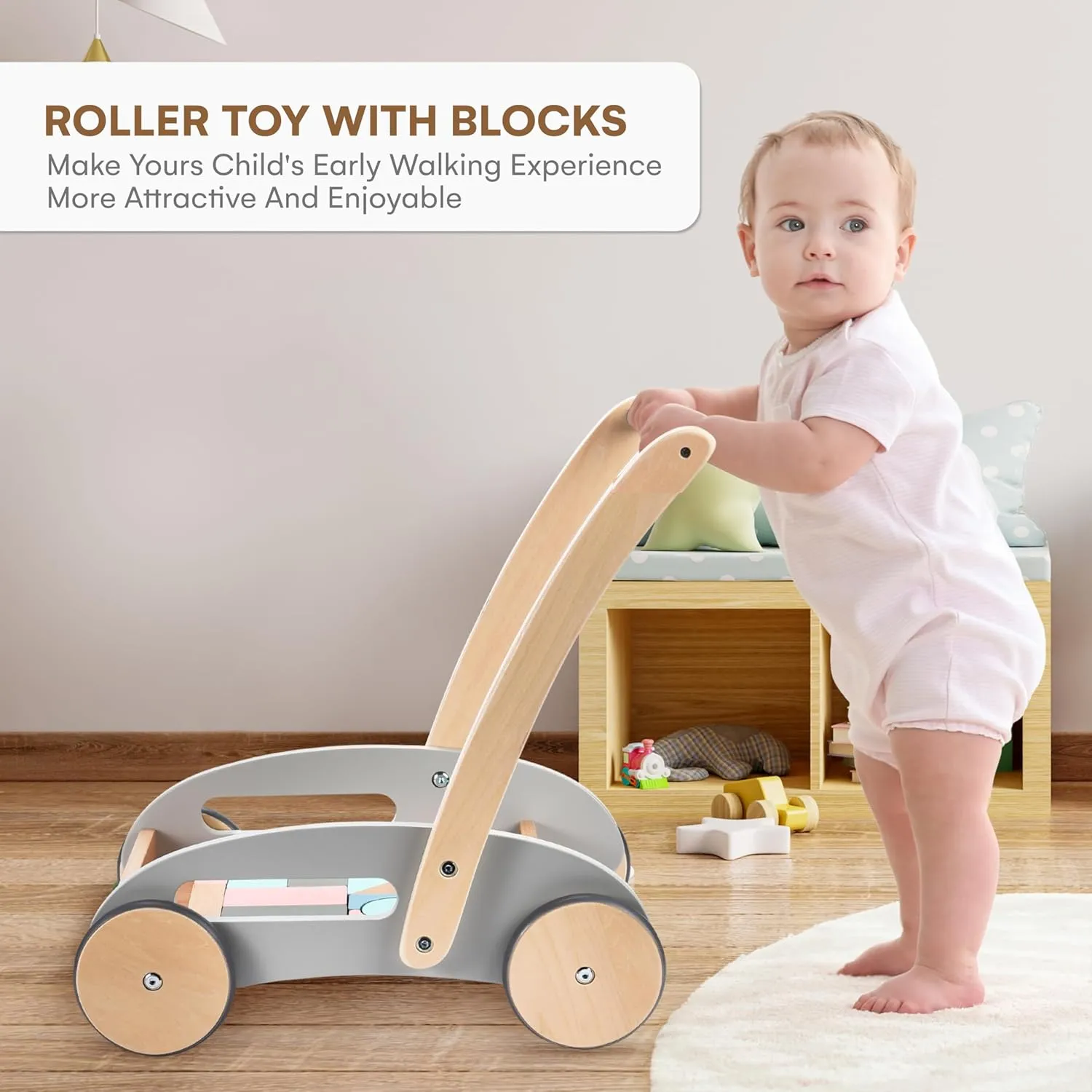 Childlike Behavior Premium Wooden Baby Push Walker with Wheels - Walker for Baby Boy & Girls - Push Toy with Building Blocks for Babies, Toddler Kids - Car Cart Learning Step Walking Activity Indoor