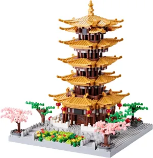 Chinese Ancient Famous Architecture Micro Building Blocks Set for Adults Yellow Crane Tower with Sakura Tree Cherry Plants, Toys for Kids Age of 14  2200 pcs