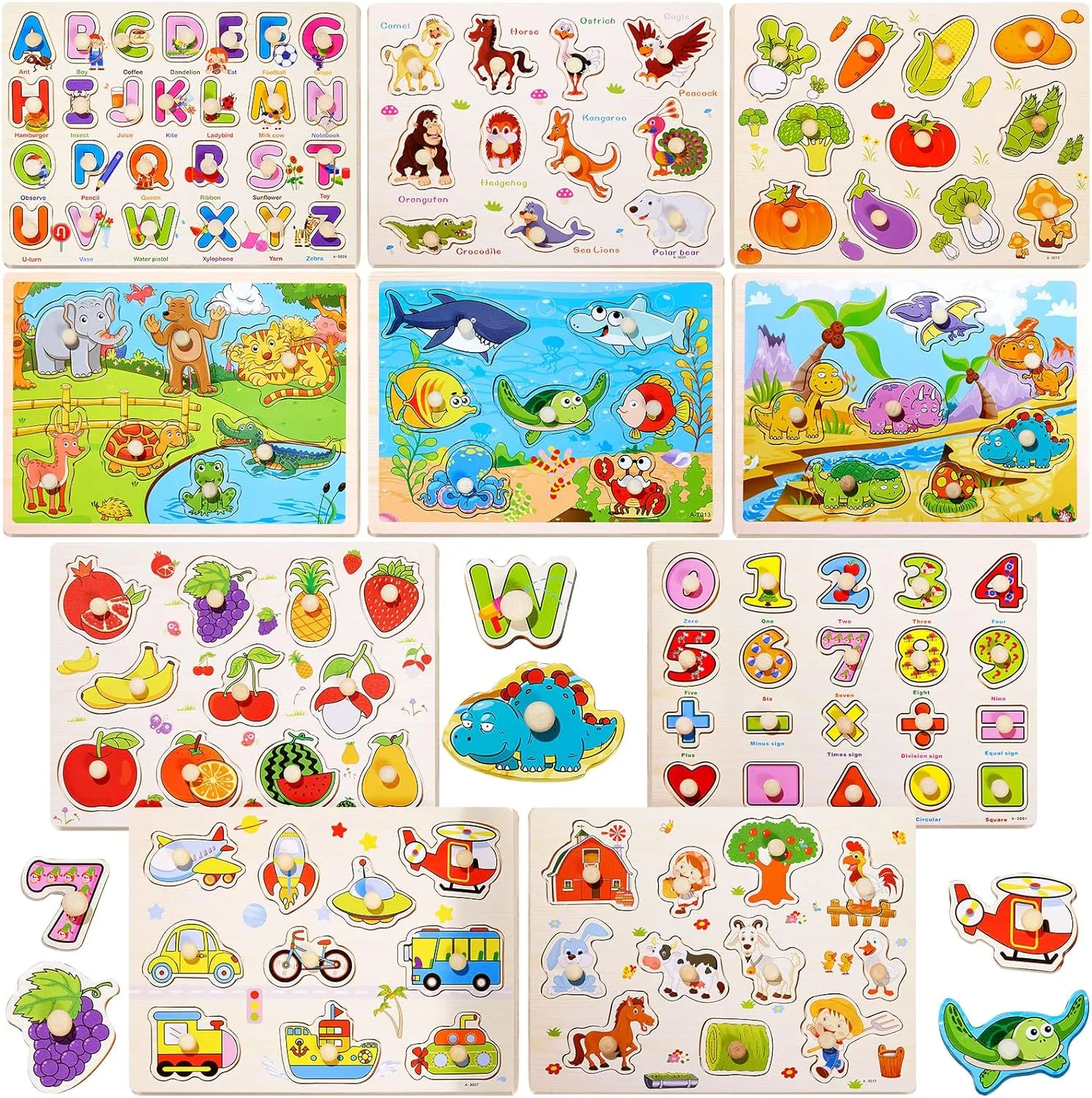 Chivao 10 Pack Wooden Peg Puzzles for Toddlers Jigsaw Learning Puzzles for Kids Wooden Toddler Toys with Alphabet Number Animal Vehicle Shape