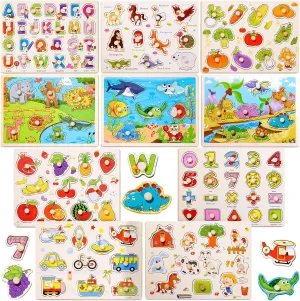Chivao 10 Pack Wooden Peg Puzzles for Toddlers Jigsaw Learning Puzzles for Kids Wooden Toddler Toys with Alphabet Number Animal Vehicle Shape